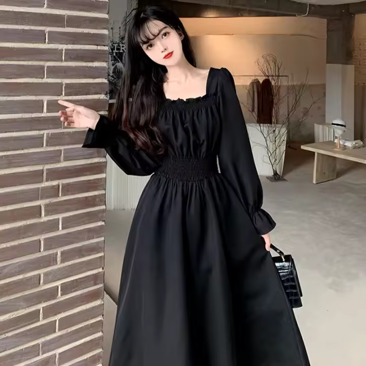 Vestido largo elegante con pliegues oscuros dulce cuello cuadrado retro para mujer - 1