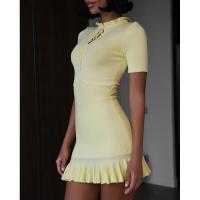 Vestido plisado de punto con volantes y lazo de color liso para mujer - details 15