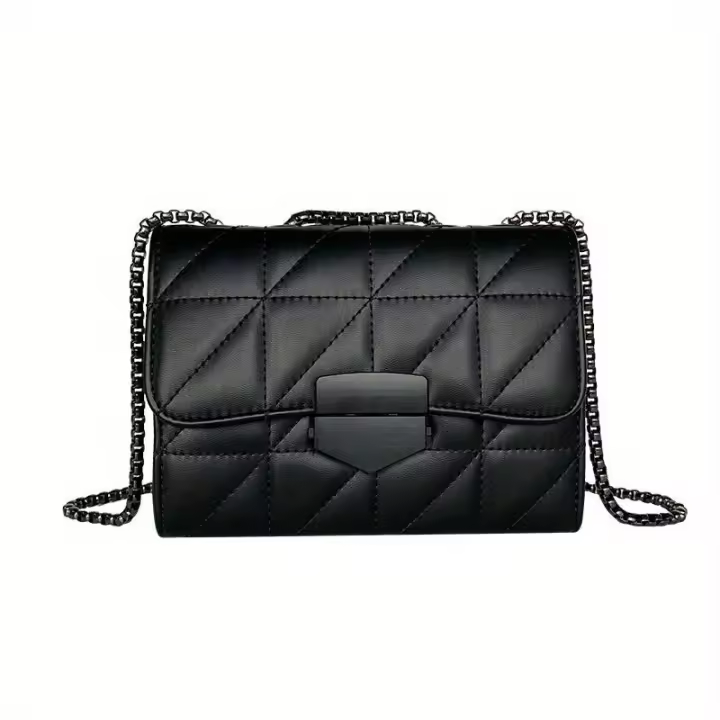 Bolso Cruzado de Cuero Negro con Estilo Bolso de Hombro Versátil para Mujeres con Correa de Cadena, Tejido en Diamantes, Cierre de Hebilla Metálica - 1
