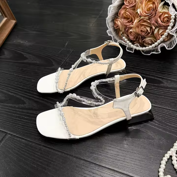Sandalias de tacón grueso con diamantes para mujer, zapatos pequeños de gran tamaño 41-43, Cabeza cuadrada - 1