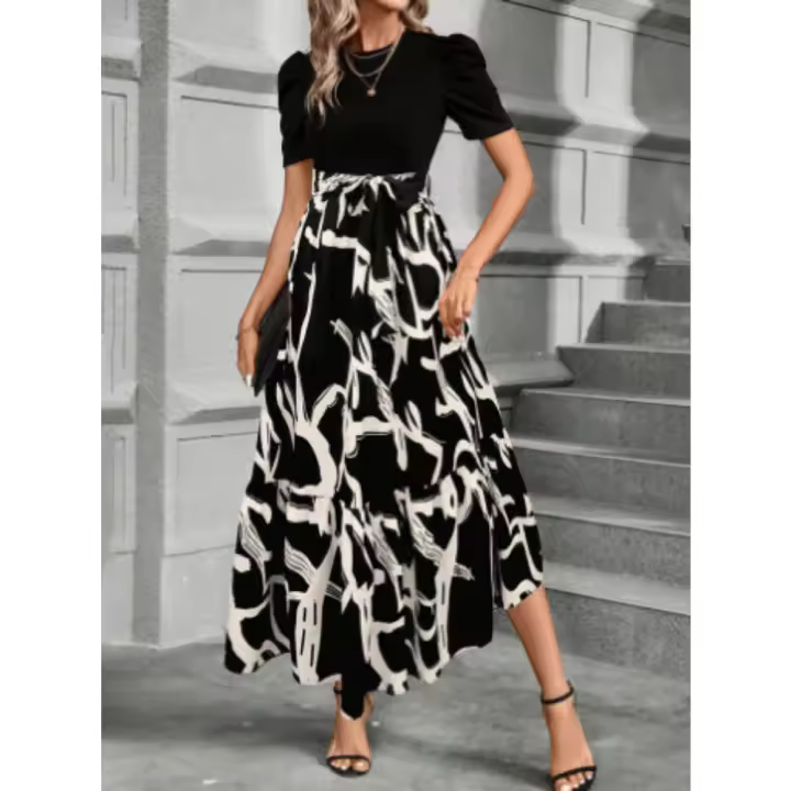 Vestido línea A hasta la rodilla para mujer, estilo exótico de playa casual con estampado floral, cuello redondo y cintura alta. - 1