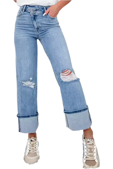 Elrachen Jeans rasgados de talle alto con cremallera y botones asimétricos para mujer, azul crepúsculo, tallas 4-16 - 1