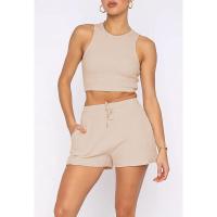 Conjunto de dos piezas de verano para mujer, chaleco sin mangas de color sólido con textura gofre y pantalones cortos casuales de moda. - details 13