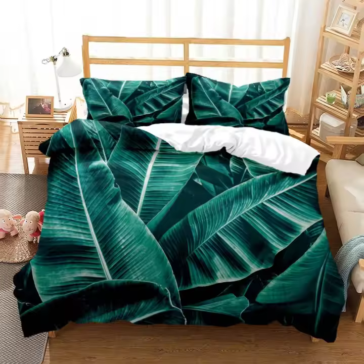 Funda de edredón con estampado minimalista de hojas verdes frescas, funda de almohada, juego de cama Queen, juego de cama personalizado de lujo - 1