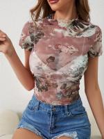 Nueva camiseta de manga corta elegante con estampado de malla, camisetas de manga corta con ribete de oreja de madera para mujeres - details 0