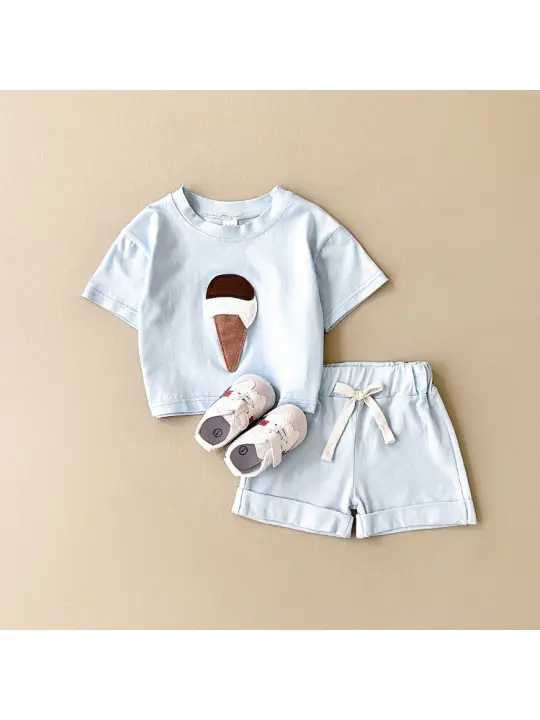 Conjunto de camiseta de verano con parche de helado para niño, versión coreana, conjunto de dos piezas con top de cuello redondo de algodón para bebé - 1