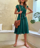 Vestido plisado elegante para mujer, manga corta con cinturilla, verde negruzco S, Verano - details 3