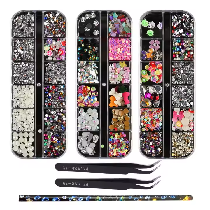 3 cajas de diamantes de imitación para decoración de uñas, gemas redondas y multiforma de colores, Kit de diseño de uñas, accesorios - 1