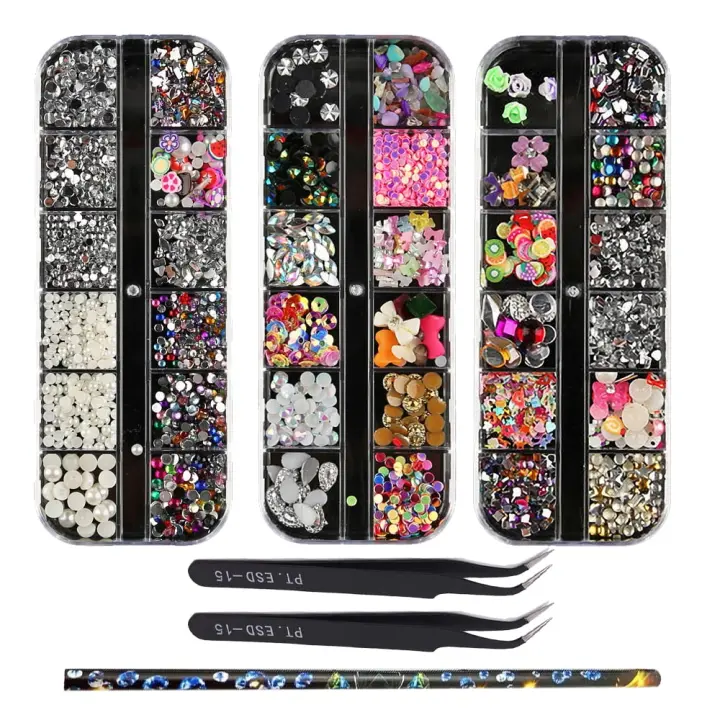 3 cajas de diamantes de imitación para decoración de uñas, gemas redondas y multiforma de colores, Kit de diseño de uñas, accesorios - 1