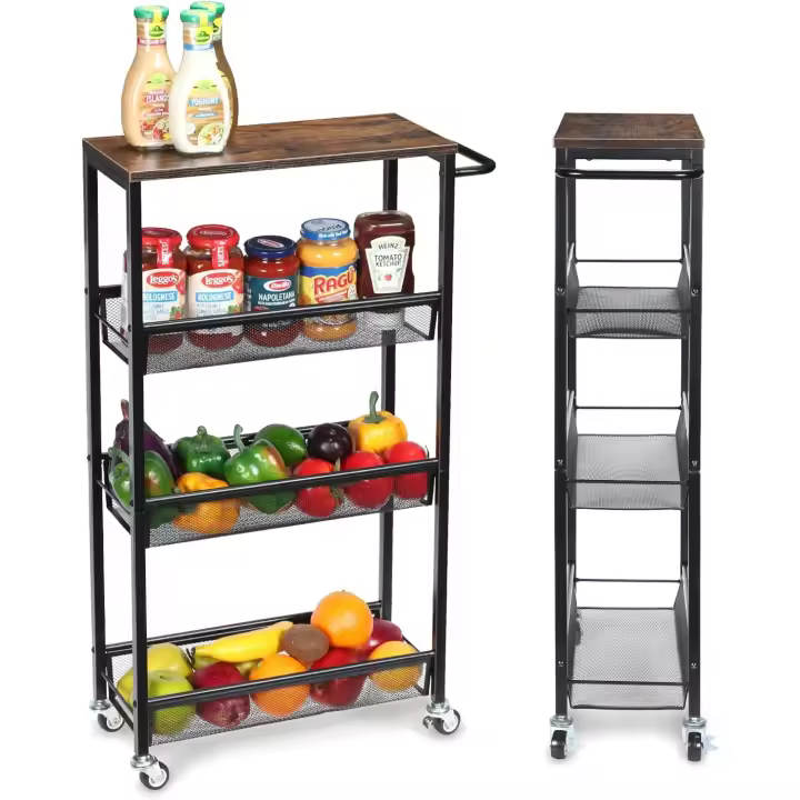 Carrito de Cocina con Ruedas Estrecho, 4 Niveles, Carro de Almacenamiento con Tapa de Madera, Ahorro de Espacio para Cocina, Baño, Restaurante - 1