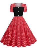 Women summer casual polka dot print short sleeve a line party vintage elegant midi dress - details 1