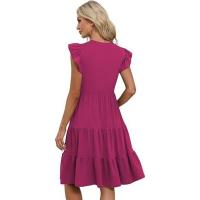 Vestido midi con cuello en V, manga de volantes de loto, empalme y bolsillo tipo péndulo para mujer 2025 - details 5
