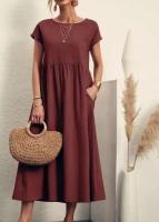 Vestido retro liso elegante de lino y algodón de manga corta con cuello redondo para mujer, vestido suelto informal de verano 2023 - details 9