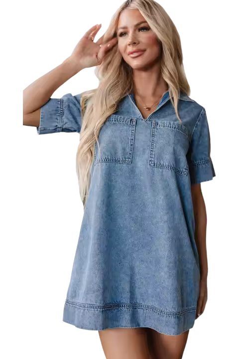 Elrachen Mini vestido vaquero de manga corta con cuello y bolsillo parchado para mujer, Beau Blue, tallas S-XL - 1