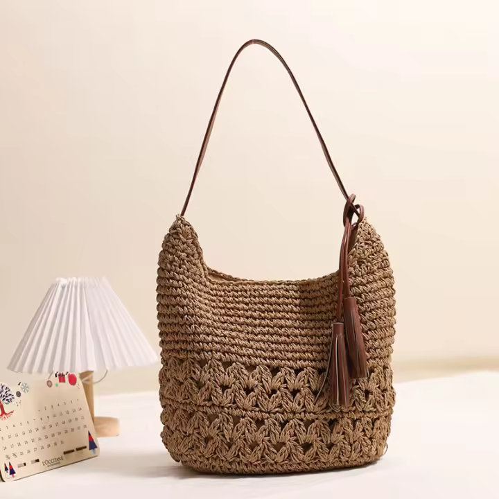 Bolso de paja hueco con flecos, bolso de playa tejido para vacaciones, bolso de hombro casual - 1