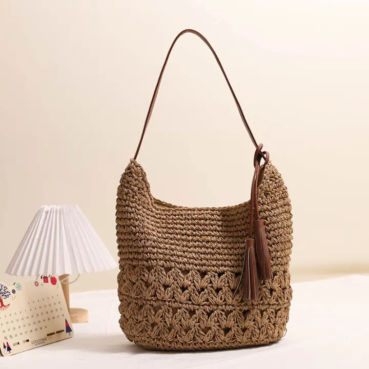 Bolso de paja hueco con flecos, bolso de playa tejido para vacaciones, bolso de hombro casual - 1