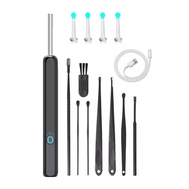 Herramienta de extracción de cera de oído recargable con cámara, recogedor de oído, negro + traje de 8 piezas - 1