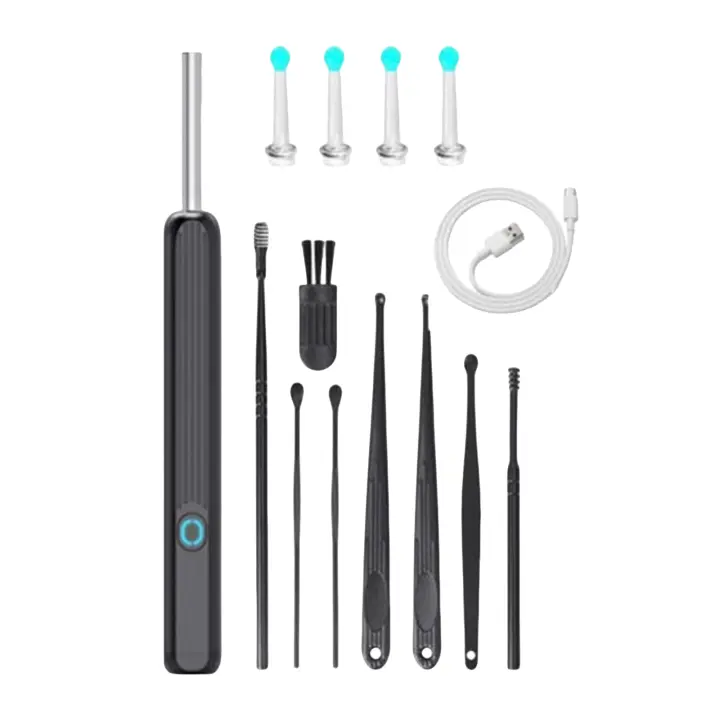 Herramienta de extracción de cera de oído recargable con cámara, recogedor de oído, negro + traje de 8 piezas - 1