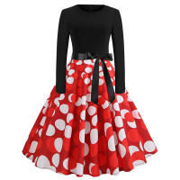 Women dot print party elegant vintage swing long sleeve dress - details 19