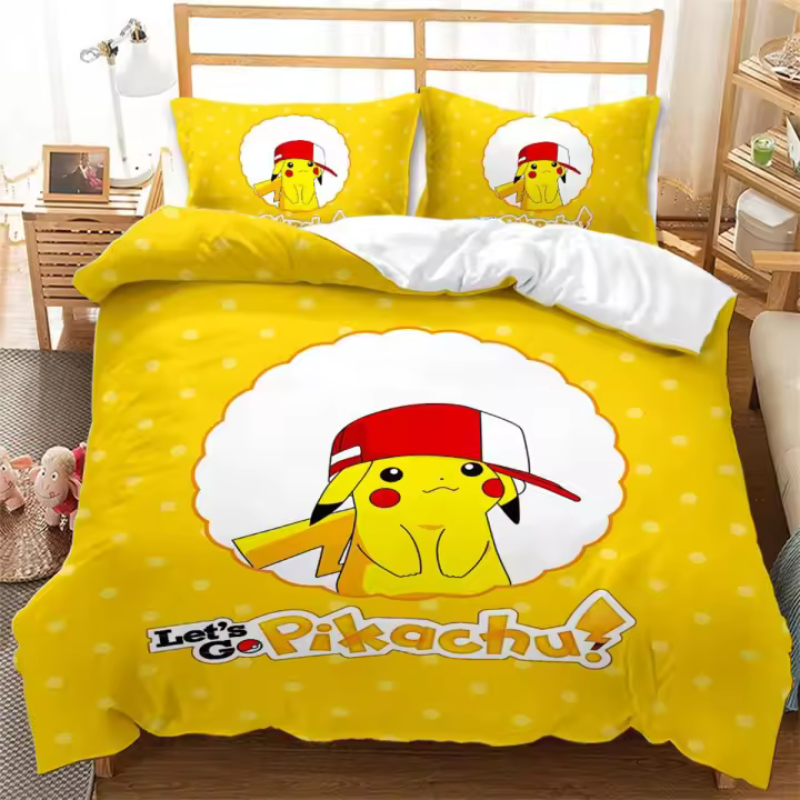 Juego de Ropa de Cama de Dibujos Animados Pikachu Funda de Cama y Funda de Almohada con Cremallera - 1