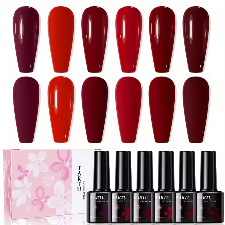 TARTU Juego de 6 uñas de gel semipermanente de 0.3 fl oz, color rosa, rojo, azul, verde, marrón, amarillo, kit de esmalte de gel semipermanente de 6 colores, remojo para UV/Led, para salón y arte de uñas DIY en casa para niñas de regalo - 1