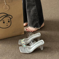 Nuevas Sandalias de Cristal Transparente para Mujer 2025 Zapatillas Exteriores de Tacón Grueso con Punta Cuadrada y Lazo - details 2