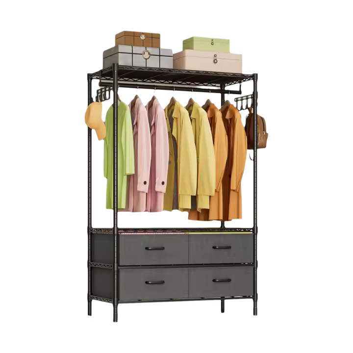 RopaBurro Ropa Metal con Estantes Ajustablescon 4 cajones extraíblesNegro90x40x180cm - 1