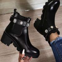Botas de suela gruesa de cuero de lujo para mujer, tacones altos hasta el tobillo de diseñador brillante con hebilla de metal a la moda - details 0