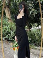 Vestido ajustado de estilo Hepburn, temperamento largo de gama alta de otoño para mujer con mangas y cuello cuadrado negro - details 1
