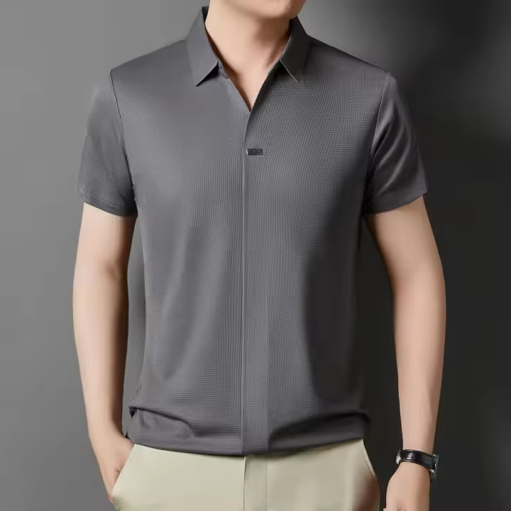 Novedad de verano, polo con cuello de tijera para hombre, camiseta informal transpirable de seda helada de alta gama, tendencia de manga corta - 1