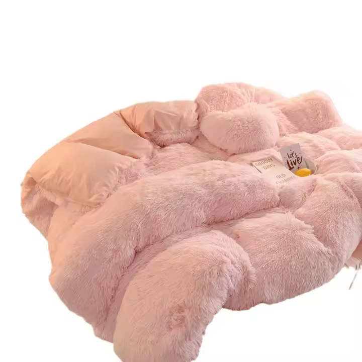 Tiendas de lujo Otoño Invierno cálido juego de cama rosa de felpa Kawaii visón terciopelo reina juego de funda nórdica con sábanas juegos de cama individuales dobles - 1