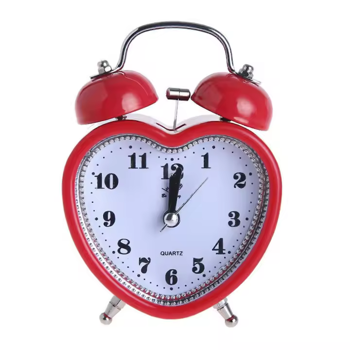 Reloj despertador de campana en forma de corazón sin tic-tac, reloj de tiempo con luz nocturna silenciosa. - 1