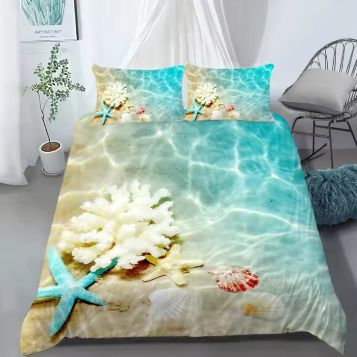 Juego de funda nórdica con diseño de palmera y playa oceánica, funda de edredón de poliéster con ondas marinas, hojas tropicales, estampado de vacaciones hawaianas para niños, adultos y adolescentes - 1