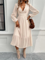 Vestido largo elegante de color sólido con cuello en V para otoño e invierno - details 7