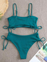 Bikini negro liso para mujer, traje de baño de dos piezas con Tanga de cintura alta y ribetes, 2024 - details 3
