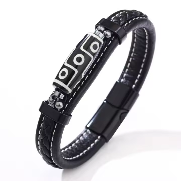 Brazalete Vintage Étnico para Hombre con Cuentas Dzi y Cuero Azul Marino, Pulsera Tejida a Mano con Simbolismo Tibetano, Joyería Masculina de Lujo, Regalos para Hombre, - 1