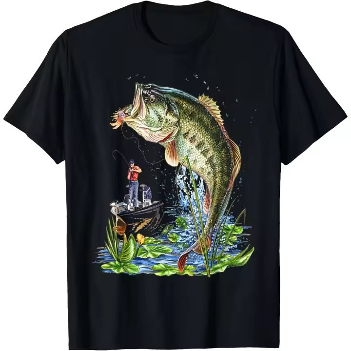 Camiseta con gráfico de pesca para hombre, camiseta con estampado de pez lubina y boca grande - 1