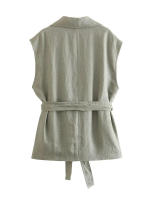 - Primavera Verano 2025 Moda Mujer Chaleco Cuello Alto con Cinturón Sin Mangas + Pantalones Largos de Pierna Ancha de Cintura Alta - details 7