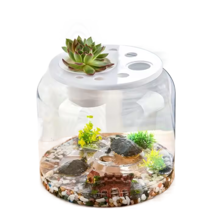 Macetero hidropónico, jarrón redondo transparente para pecera, tanque de tortuga de escritorio irrompible de plástico con cubierta, pecera dorada para el hogar - 1