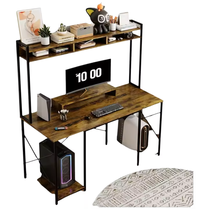 Mesa de Juego Ergonómica Estante de Almacenamiento con Soporte 120x60cm Marrón - 1