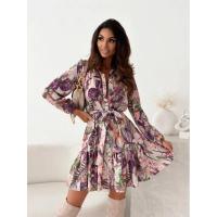 Elegante Vestido de Manga Larga de Otoño Estampado Floral de Plantas Cuello Abierto Medio y Ajuste a la Cintura - details 4