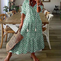 Vestido largo casual de verano y primavera, dulce, suelto, con cuello en V, estampado de barba y manga media. - details 3