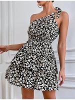 Vestido floral de corte A con cintura elástica en capas para mujer - details 3