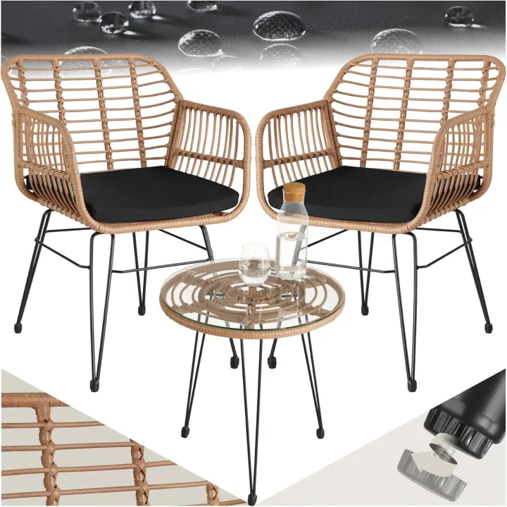 Conjunto Jardín Exterior de Ratán y Acero para 2 Personas, Muebles Jardín Exterior Resistentes a Intemperie, 2 Sillas con Cojines (Fundas Extraíbles), 1 Mesa con Cristal - Natural - 1