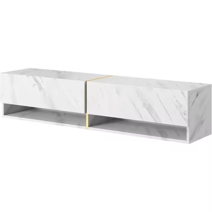 TV Suspendido con 2 Puertas 2 Cajones Mesa De TV para Salón Dormitorio 140 cm Mármol Blanco con Inserción Dorada Mirrgo - 1