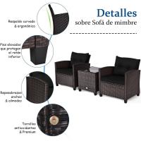 Conjunto de jardín exterior de ratán de 3 piezas, 1 mesa auxiliar de vidrio templado y 2 sillas con cojines, muebles de jardín terraza balcón exterior (negro) - details 2