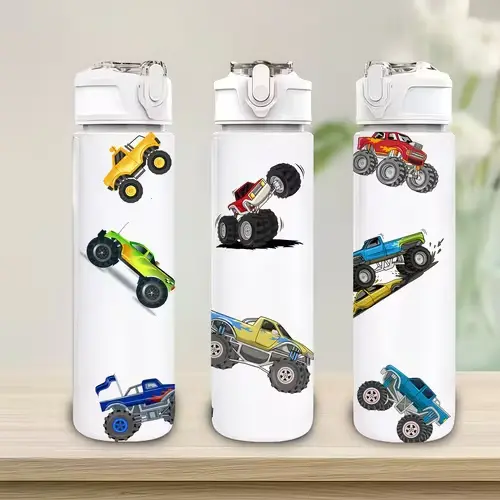 1 unidad de botella de agua deportiva de plástico con diseño de camión monstruo de dibujos animados, 750 ml/26 oz, con estampado bonito, a prueba de fugas con tapa abatible, ligera, resistente y duradera, de gran capacidad, reutilizable, adecuada para ofi - 1