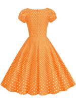 Elegant vintage dot print women summer puff short sleeve v neck casual a-line midi party dress - details 3