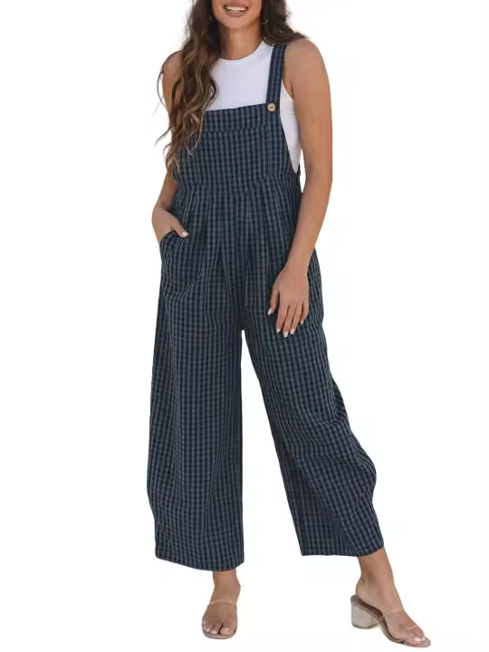 Elrachen Mono de cintura alta con bolsillos y botones con estampado de cuadros para mujer, azul vela, tallas S-XL - 1