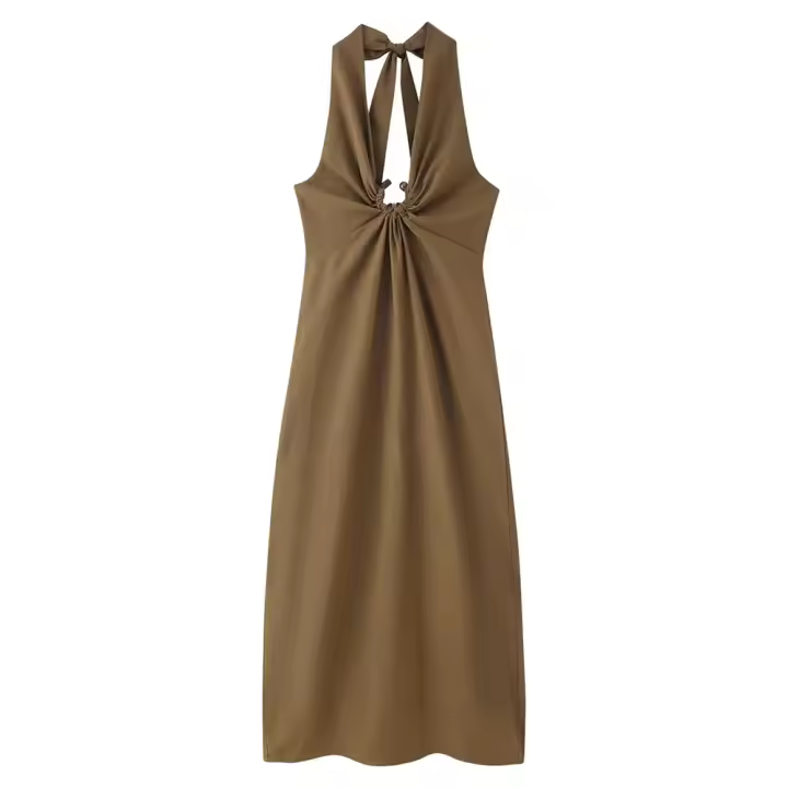 PB&ZA2025 Verano Nuevas Llegadas Vestido Largo Holgado Sin Mangas con Cuello Halter con Cordones y Hebilla para Mujer - 1